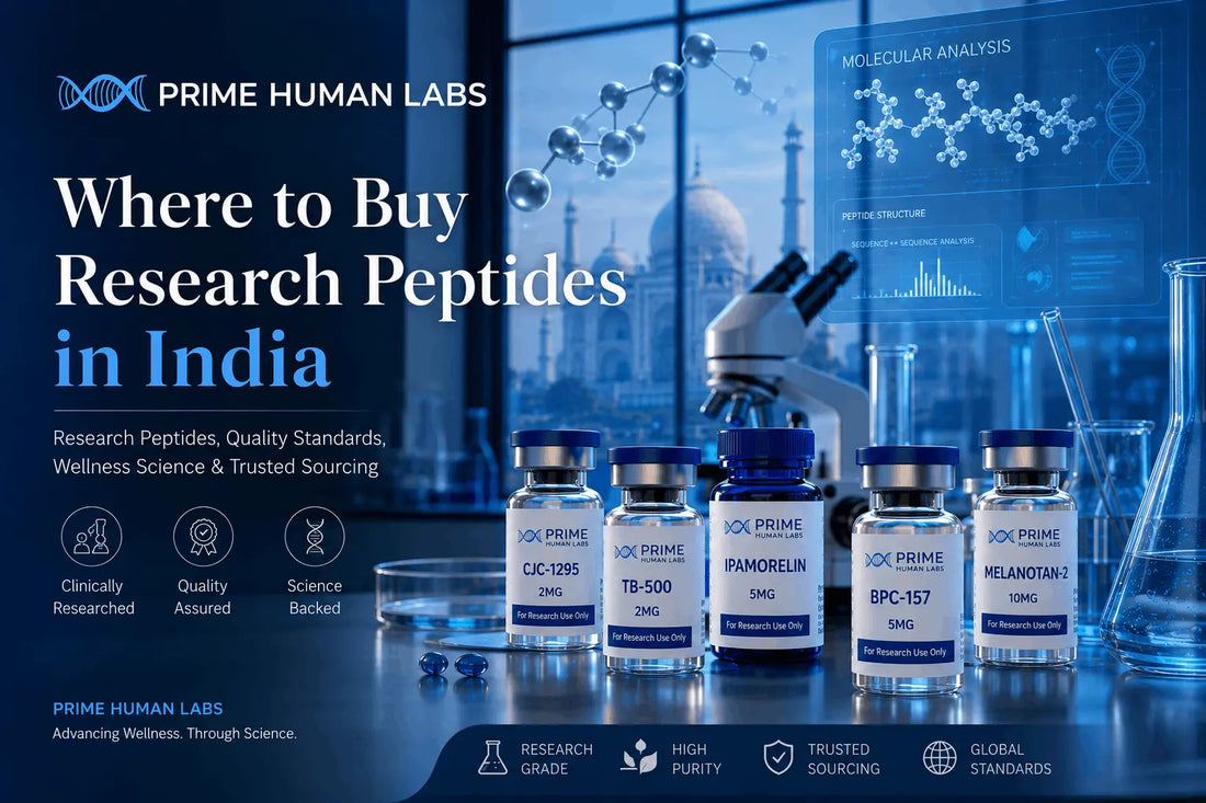 Premium research peptides in India with lab-tested peptide vials and scientific biotech laboratory setup