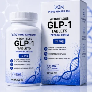 Weight Loss GLP-1 Tablets (Orforglipron) 12 mg, 90 tablets, shown in a Prime Human Labs bottle and box.