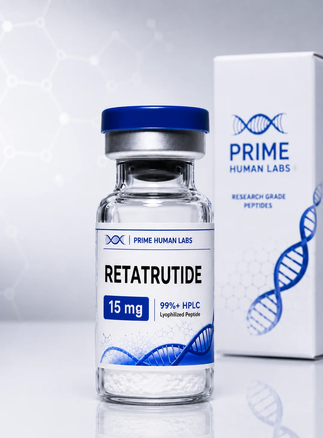 Retatrutide Peptide vial and box by Prime Human Labs, 15 mg, for research use only.