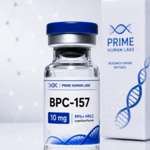 BPC-157 10mg peptide vial beside its Prime Human Labs box, 99%+ HPLC lyophilized research peptide