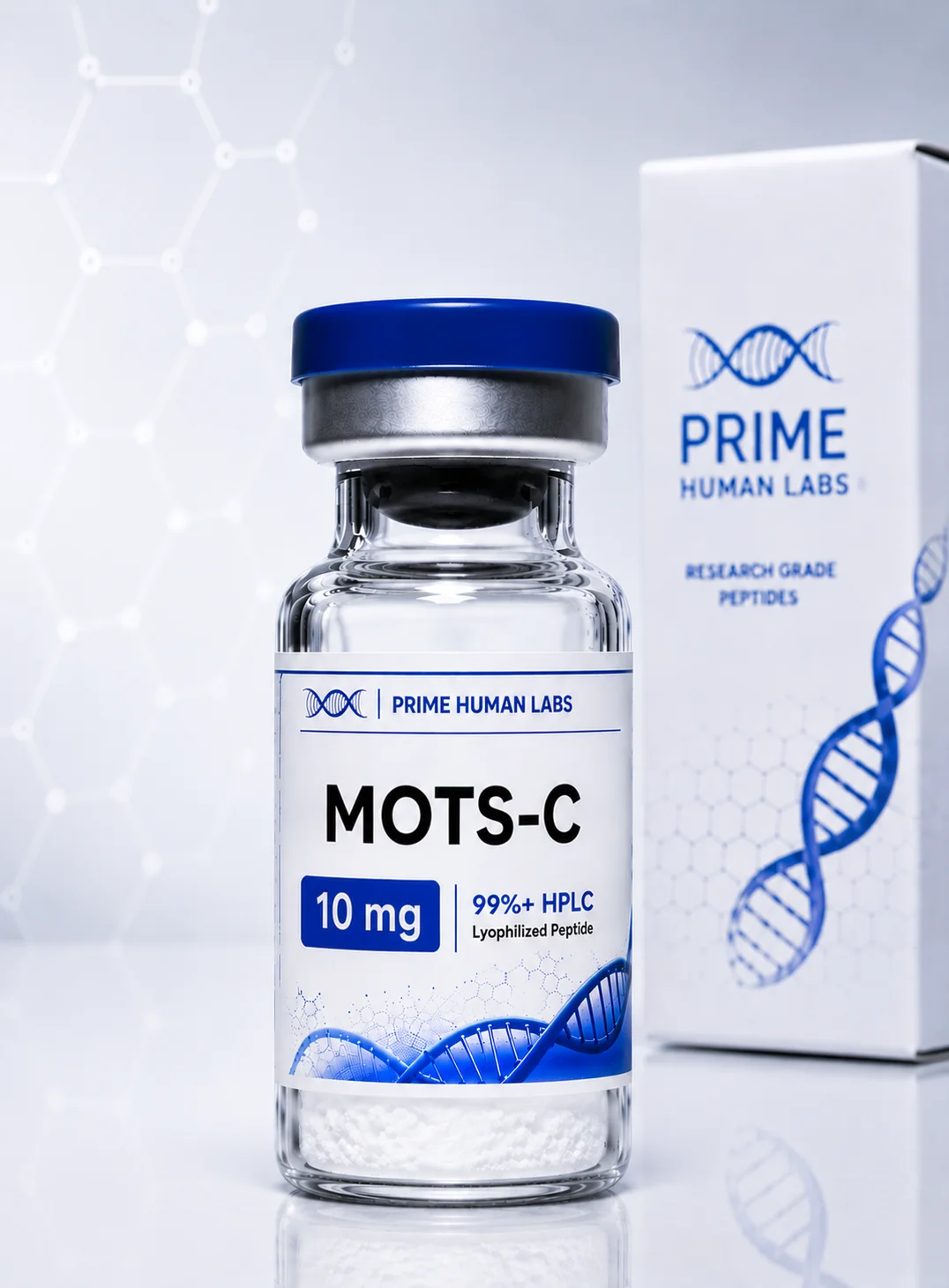 MOTS-C 10mg peptide vial with Prime Human Labs box, 99%+ HPLC lyophilized research peptide
