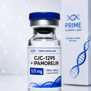 CJC-1295 (No DAC) and Ipamorelin blend peptide vial with Prime Human Labs box, 99%+ HPLC lyophilized research peptide