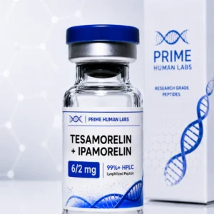 Ipamorelin and Tesamorelin blend peptide vial with Prime Human Labs box, 99%+ HPLC lyophilized research peptide