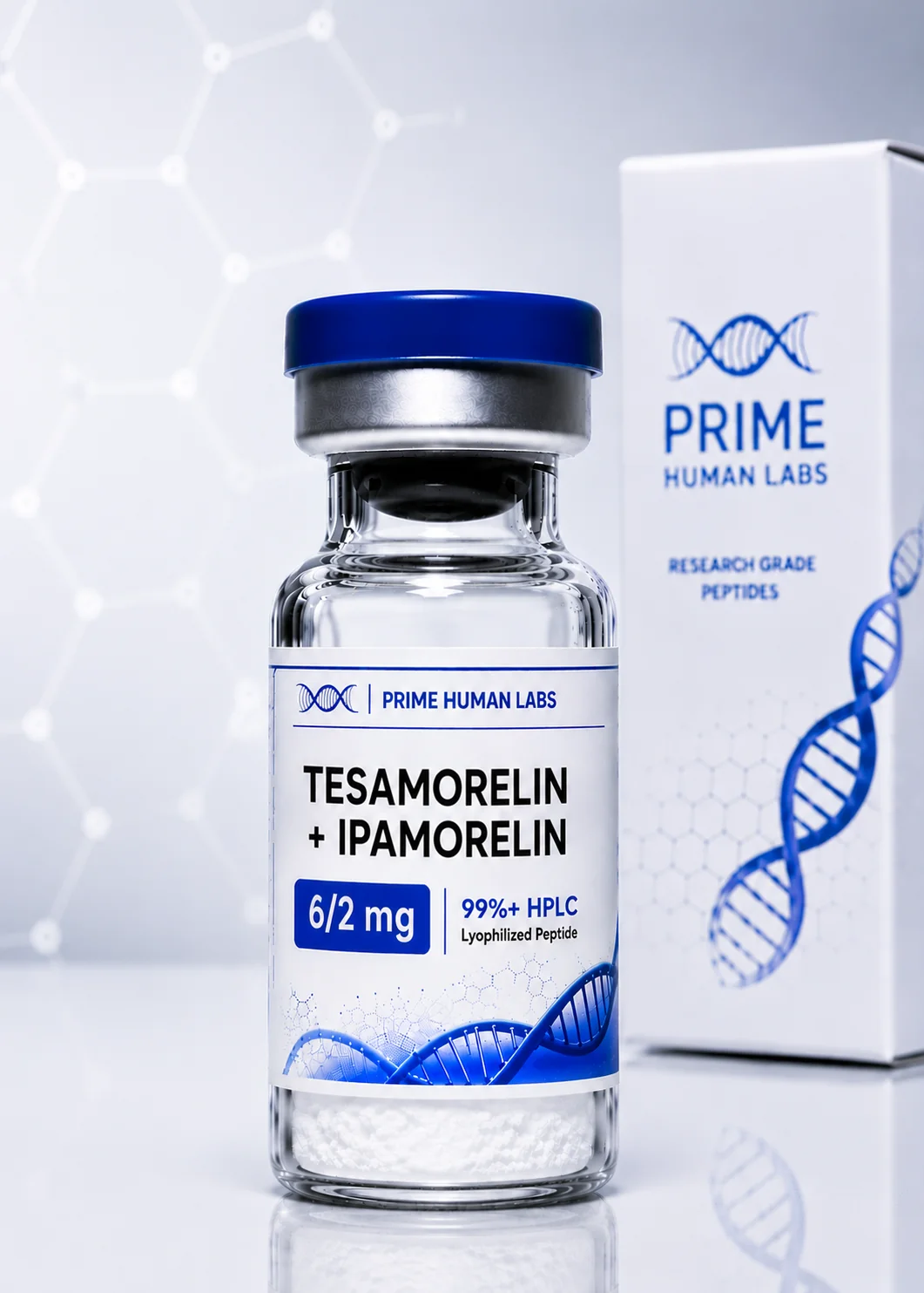 Ipamorelin and Tesamorelin blend peptide vial with Prime Human Labs box, 99%+ HPLC lyophilized research peptide