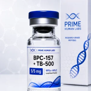 BPC-157 and TB-500 blend peptide vial with Prime Human Labs box, 99%+ HPLC lyophilized research peptide