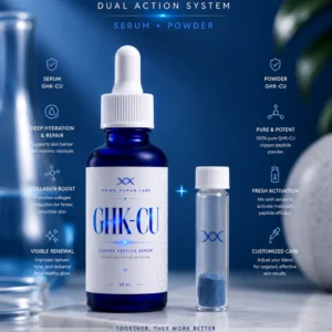 GHK-Cu Serum and Peptide Powder Kit dual action system by Prime Human Labs, serum bottle with copper peptide powder vial